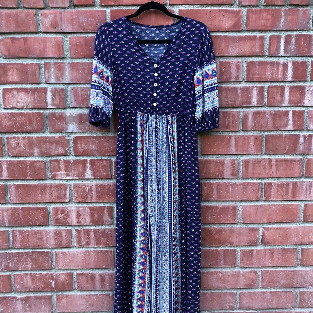 Navy Blue Patterned Maxi Dress
